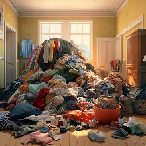 piles of laundry scattered around, filling a room photorealistic