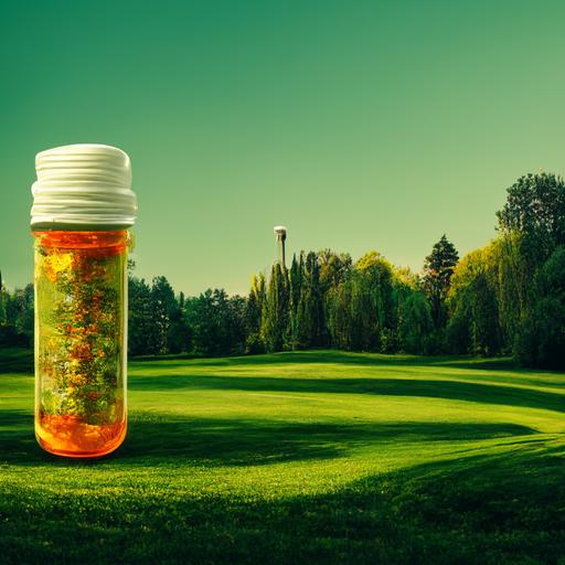 pill bottle sitting on a golf course green