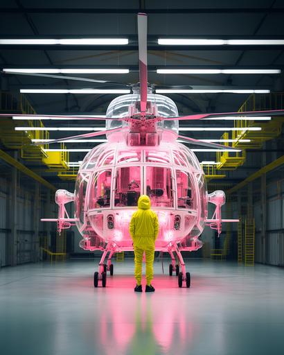 pilot walking inside spacious helicopter museum with exquisite neon pink and yellow autogyro propeller chandelier by elsa bleda, minimal male figures, minimalist doll --ar 4:5 --stylize 150 --v 5.2