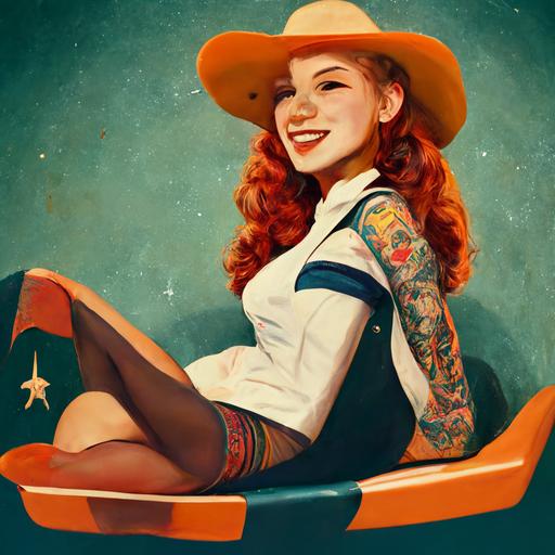 pin-up, ginger hair, sitting on a rocket ship, with tattoos, smiling, with a cowboy hat on her head, old school, with cowboy clothes on