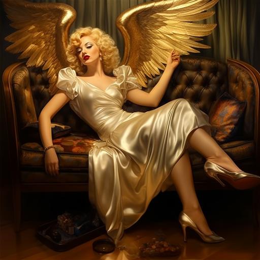 pin up of Marilyn Monroe as a winged angel in Heaven, lounging on an ivory and gold fainting couch