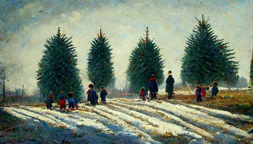 pine trees in a farm, winter, children selecting Christmas trees , —ar 16:9