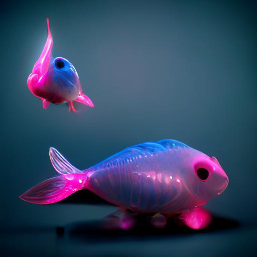 pink and blue goldfish, glowing, translucent, octane render, realistic --uplight