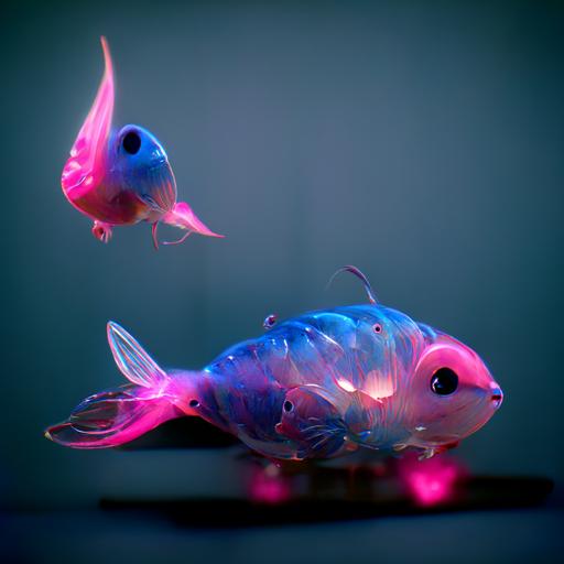 pink and blue goldfish, glowing, translucent, octane render, realistic