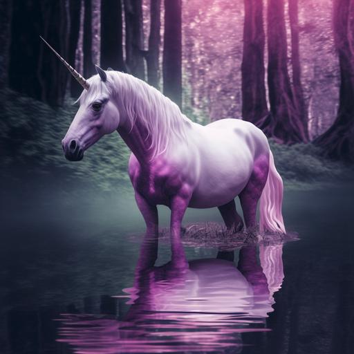 pink and purple unicorn standing in water in a forest background rainbow