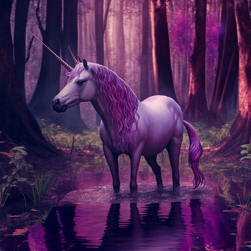 pink and purple unicorn standing in water in a forest background rainbow