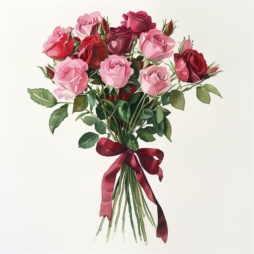 pink and red roses tied in a burgandy ribbon with torns visable on the stems in watercolor with white background --v 6.0