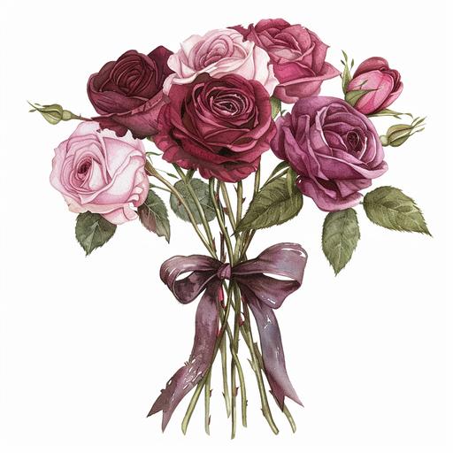 pink and red roses tied in a burgandy ribbon with torns visable on the stems in watercolor with white background