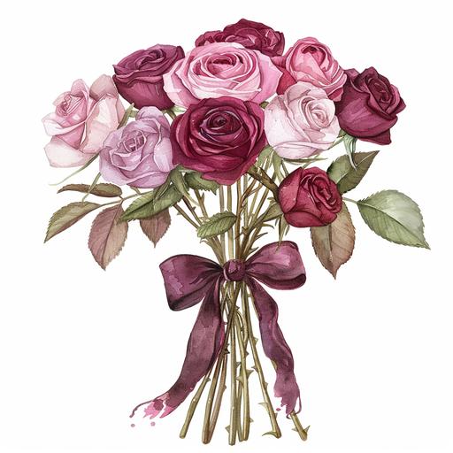 pink and red roses tied in a burgandy ribbon with torns visable on the stems in watercolor with white background