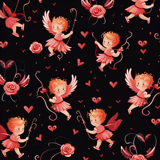pink and red valentines repeating pattern of baby cupids shooting arrows on a black background — tile