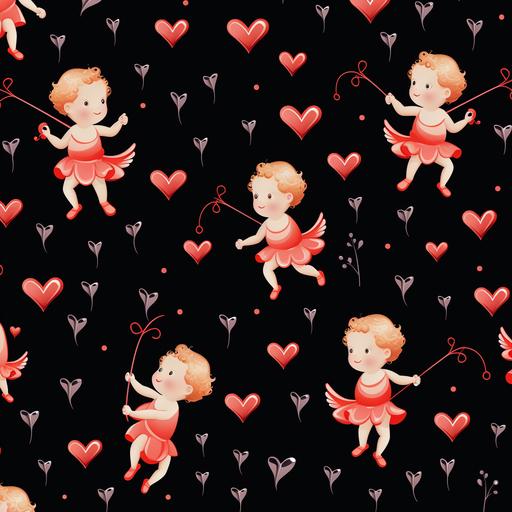 pink and red valentines repeating pattern of baby cupids shooting arrows on a black background — tile