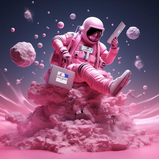 pink astronaut with laptop facebook instagram tiktok smm icons fly around it