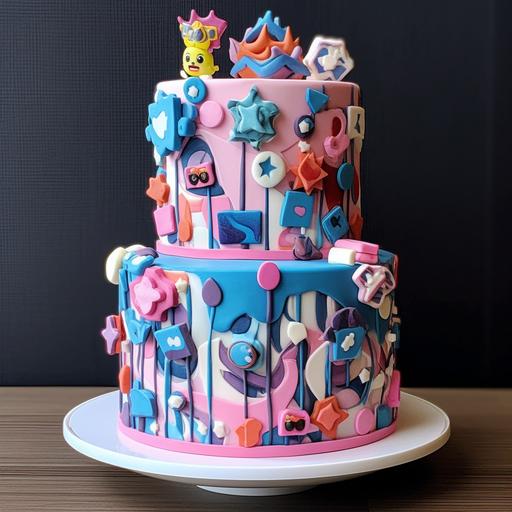 pink blue and white cartoon cake