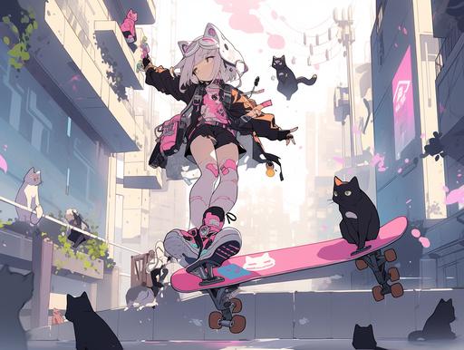 pink cat, flying skateboard, street, robots, girl in a cyberpunk, studio lighting --ar 4:3 --style original --niji 5