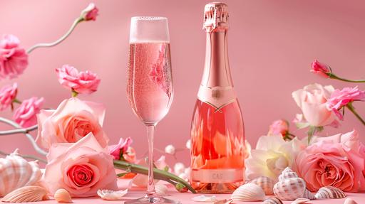 pink champagne bottle with champagne glass filled with pink champagne, pink background, different pink flowers and roses in the background, white sea shells around --aspect 16:9 --v 6.0