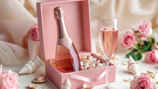 pink champagne mini kit, a bottle of pink champagne and a glass inside a pink box, white background, a few pink flowers and roses in the background, a few sea shells around, raw photography --aspect 16:9