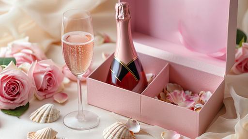 pink champagne mini kit, a bottle of pink champagne and a glass inside a pink box, white background, a few pink flowers and roses in the background, a few sea shells around, raw photography --aspect 16:9