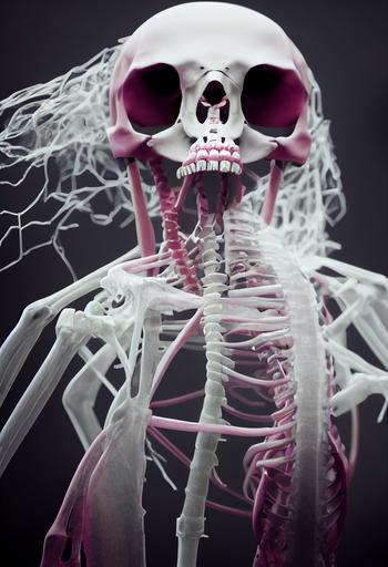 pink chewing gum skeleton. Black background. Full figure. Photorealistic, Unreal Engine Render, Hyper-real --ar 9:16  --test --creative --upbeta