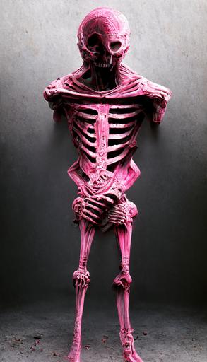 pink chewing gum skeleton. Black background. Full figure. Photorealistic, Unreal Engine Render, Hyper-real --ar 9:16