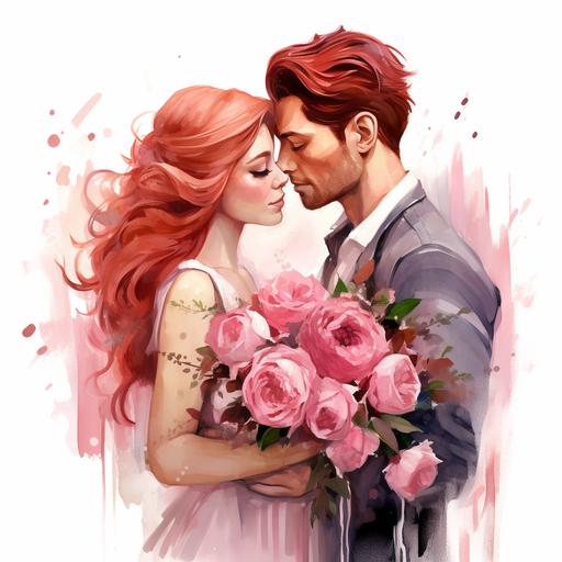 pink color, red hair, happy couple, bouquet