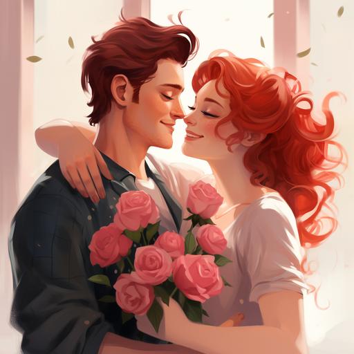 pink color, red hair, happy couple, bouquet