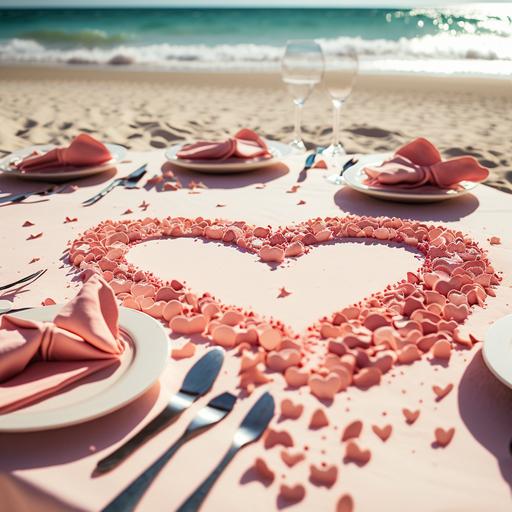pink confetti heart shape scattered on a decorated table beach wedding background