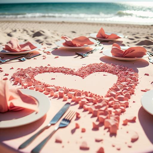 pink confetti heart shape scattered on a decorated table beach wedding background