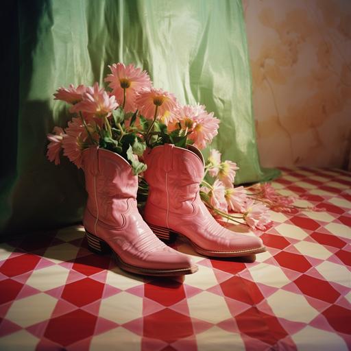 pink cowboy boots with flowers growing out of it, checkered floor, carpetcore, 1970s, pastels,