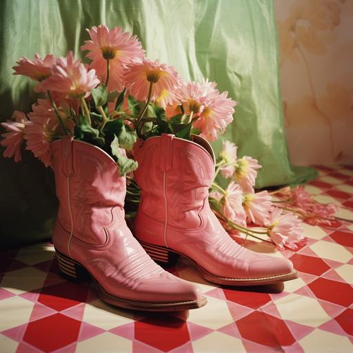 pink cowboy boots with flowers growing out of it, checkered floor, carpetcore, 1970s, pastels,