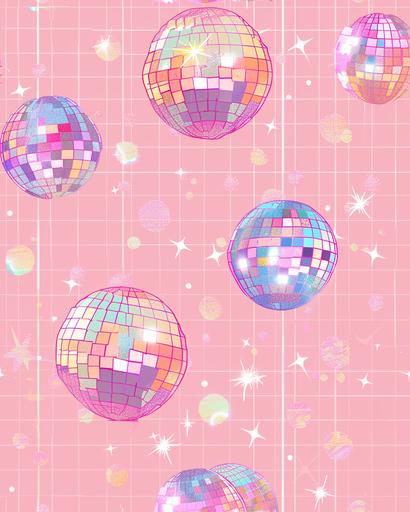 pink disco balls, riso print style, risograph, pastel colours, illustration, plain pink pastel preppy background --ar 4:5 --tile