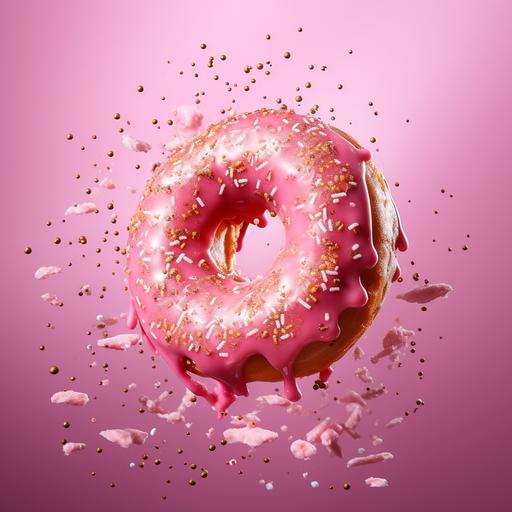pink donut sprinkled with glitter, pink donuts fly in the air