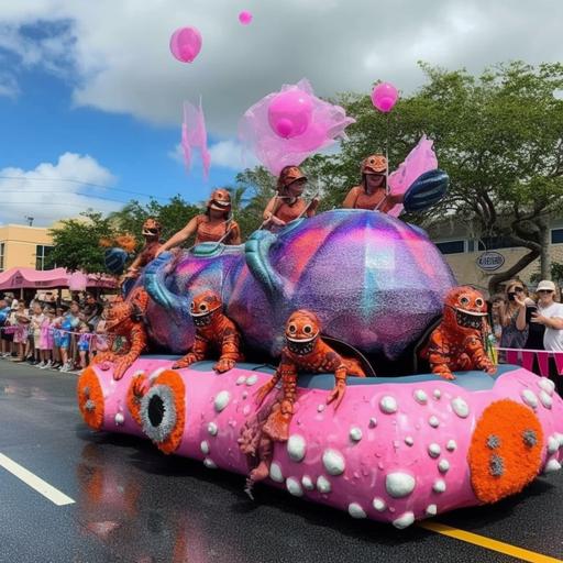 pink flamingo parade float, outerspace, flying turtles --s 750 --style raw