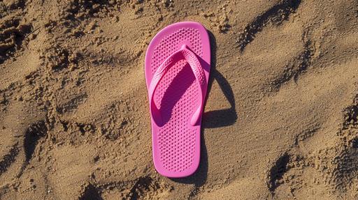 pink flip-flop on the sand, in the center of the frame, top view --ar 16:9 --v 6.0
