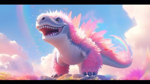 pink fluffy dinosaur dancing on a rainbow, scary teeth, extra fur, feathers, adorable, soft, creepy, cute, --ar 16:9 --q 2 --niji 5 --style scenic