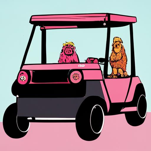 pink gorilla driving a golf cart with pretty blonde girl in a short skirt with a dog on top of the golf cart, cartoon