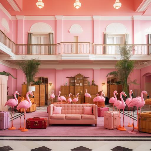 pink hotel lobby Wes Anderson style with pink flamingos and Barbies in lobby with pink suitcases