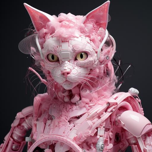 pink kitty robot combined with a designer manikin, bubble wrap, science fiction