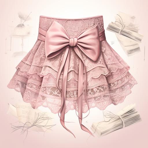 pink lace bow miniskirt design llustration, motion sketch, parchment, vintage book, infography--ar3:4