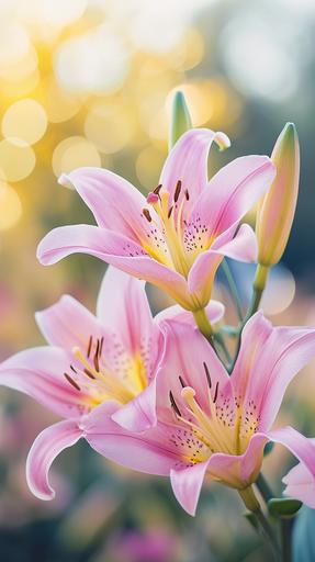 pink lilies ,light background, banner with copy space ,Professional photography, Photograph with a Sony Alpha a7 III at 1/160 sec, f/3.5. --no dark shadows --ar 9:16 --v 6.0