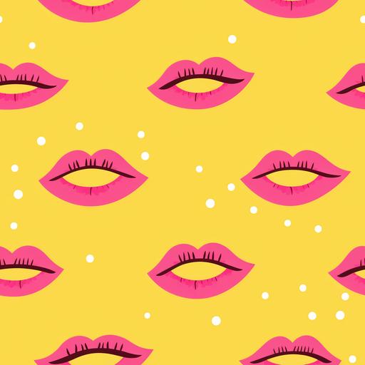pink lips on yellow background, in the style of quirky expressions, wallpaper, debbie criswell, pink and gold, animated gifs, stenciled iconography, pop-inspired installations --tile