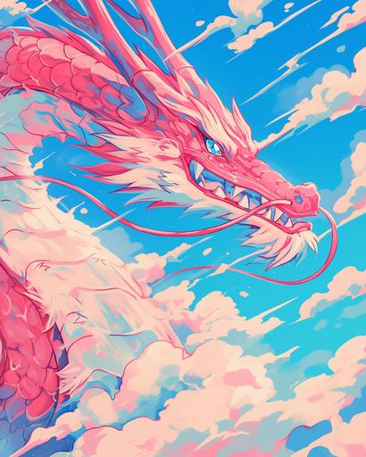 pink loong dragon on blue clouds, in the style of psychedelic manga, pop inspo, i can't believe how beautiful this is, chinapunk, psychedelic artwork, neotraditional, shiny eyes --ar 4:5 --niji 6
