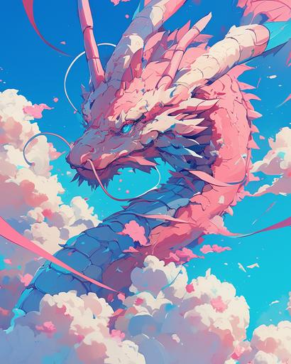 pink loong dragon on blue clouds, in the style of psychedelic manga, pop inspo, i can't believe how beautiful this is, chinapunk, psychedelic artwork, neotraditional, shiny eyes --ar 4:5 --niji 6