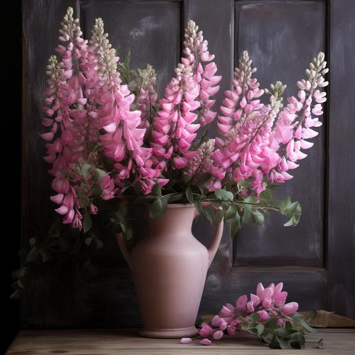 pink lupine flowers in a clay vase, on a small table, gray stylish door in the background
