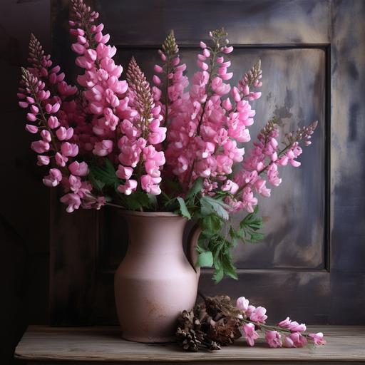 pink lupine flowers in a clay vase, on a small table, gray stylish door in the background
