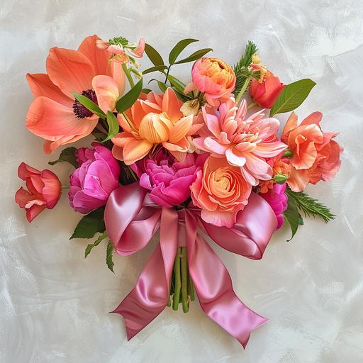 pink orange various beautiful flowers in water color rustic and glowing girly cute wrapped in a beautiful silky parisian like ribbon bow