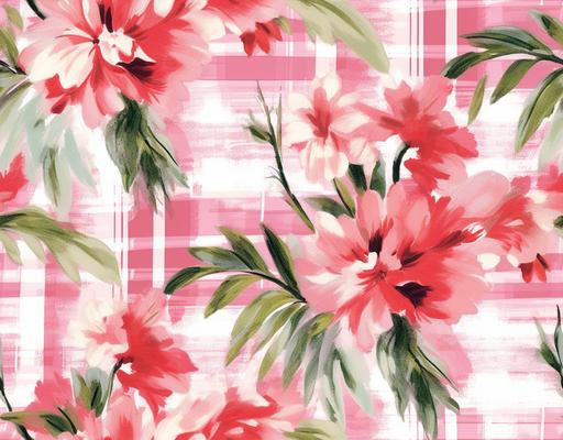 pink plaid with a white, dark pink, and soft green tropical floral pattern, in the style of nostalgic paintings, atmospheric color washes, photorealistic painting, romantic use of light, luxurious fabrics, wallpaper, romantic scenery --ar 9:7 --tile --s 750
