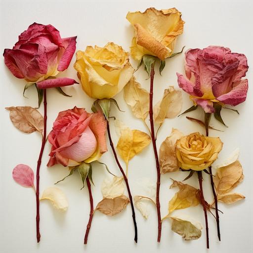 pink, red and yellow pressed dried roses in the style of water color on a white background--ar 293:151