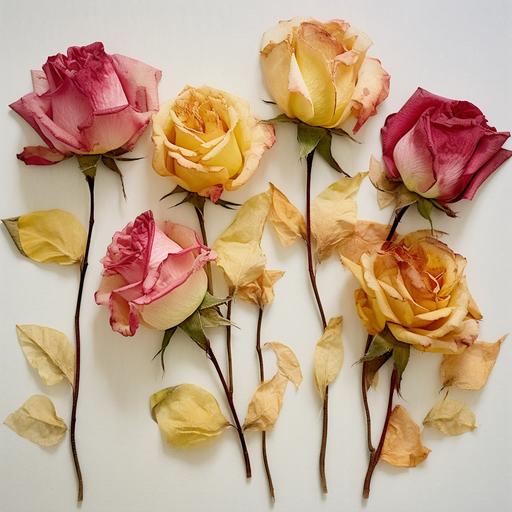 pink, red and yellow pressed dried roses in the style of water color on a white background--ar 293:151