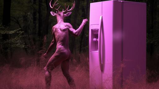 pink safari man hunting wild pink refrigerator deer in the forest, hunting photos, big game refrigerator hunter --ar 16:9