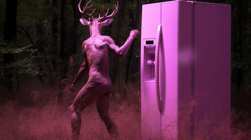 pink safari man hunting wild pink refrigerator deer in the forest, hunting photos, big game refrigerator hunter --ar 16:9